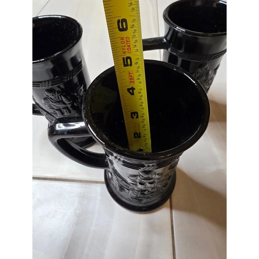 Vintage Black Amethyst Glass Beer‎ Stein Tavern Scene Embossed Mug Set of 3 A5